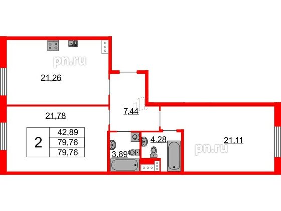 Квартира в ЖК Бакунина 33 ЖК, 2 комнатная, 79.76 м², 5 этаж