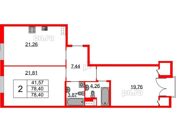 Квартира в ЖК Бакунина 33 ЖК, 2 комнатная, 78.4 м², 9 этаж