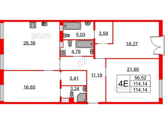 Квартира в ЖК Бакунина 33 ЖК, 3 комнатная, 114.14 м², 3 этаж