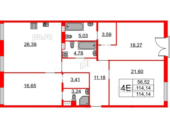 Квартира в ЖК Бакунина 33 ЖК, 3 комнатная, 114.14 м², 6 этаж