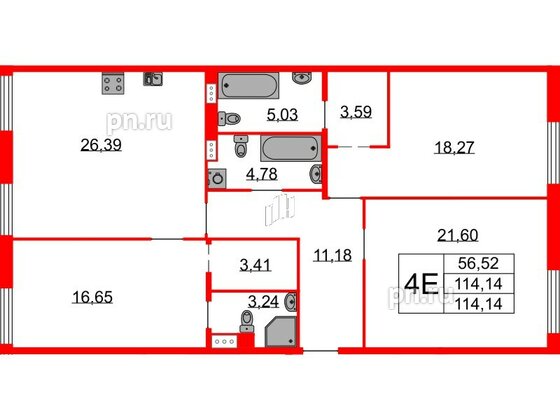 Квартира в ЖК Бакунина 33 ЖК, 3 комнатная, 114.14 м², 8 этаж