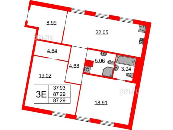 Квартира в ЖК Бакунина 33 ЖК, 2 комнатная, 87.29 м², 2 этаж