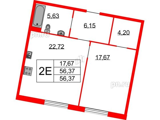 Квартира в ЖК Бакунина 33 ЖК, 1 комнатная, 56.37 м², 2 этаж