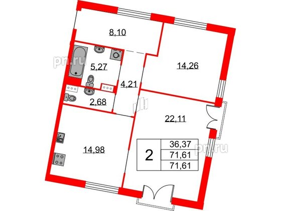 Квартира в ЖК Бакунина 33 ЖК, 2 комнатная, 71.61 м², 6 этаж