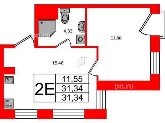 Апартаменты в ЖК iD Polytech, 1 комнатные, 31.34 м², 4 этаж