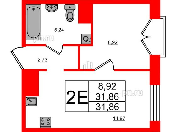 Апартаменты в ЖК iD Polytech, 1 комнатные, 31.86 м², 5 этаж