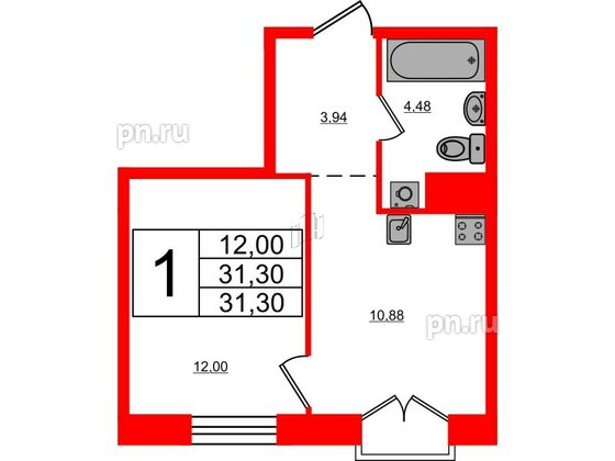 Апартаменты в ЖК iD Polytech, 1 комнатные, 31.3 м², 5 этаж