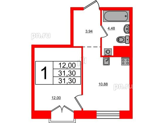 Апартаменты в ЖК iD Polytech, 1 комнатные, 31.3 м², 6 этаж