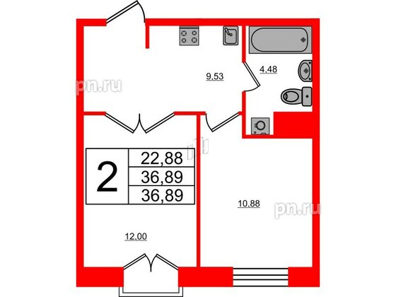 Апартаменты в ЖК iD Polytech, 2 комнатные, 36.89 м², 10 этаж