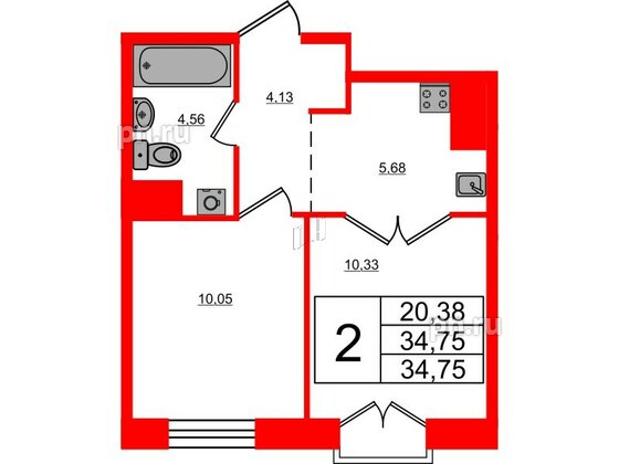 Апартаменты в ЖК iD Polytech, 2 комнатные, 34.75 м², 4 этаж