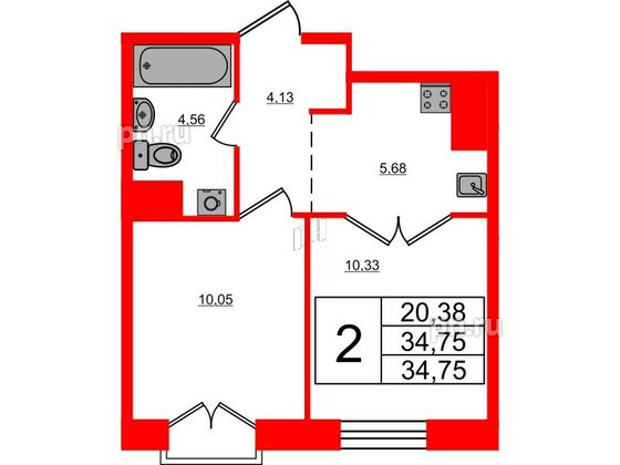 Апартаменты в ЖК iD Polytech, 2 комнатные, 34.75 м², 5 этаж