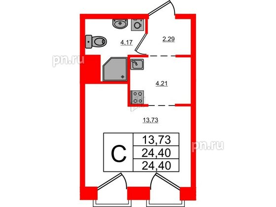 Апартаменты в ЖК iD Polytech, студия, 24.4 м², 4 этаж