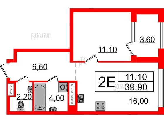 Квартира в ЖК Струны, 1 комнатная, 39.9 м², 4 этаж