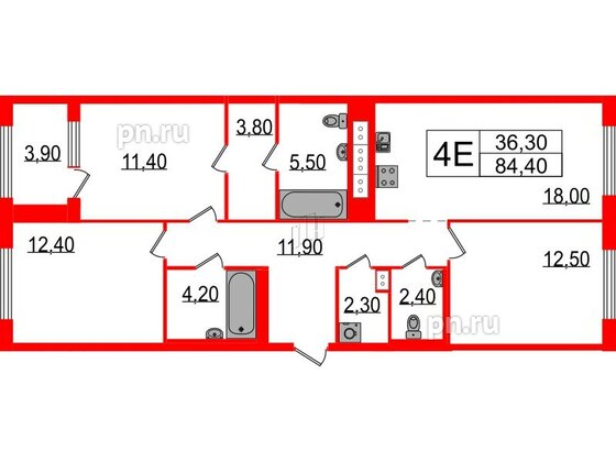 Квартира в ЖК Струны, 3 комнатная, 84.4 м², 3 этаж