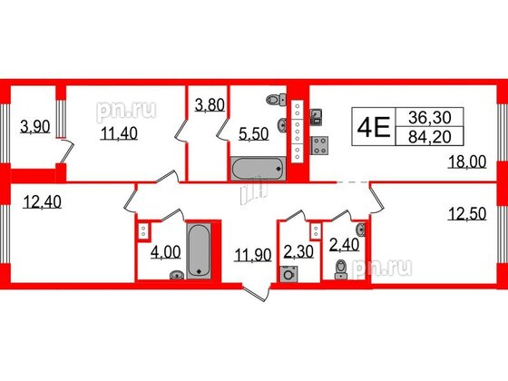 Квартира в ЖК Струны, 3 комнатная, 84.2 м², 4 этаж