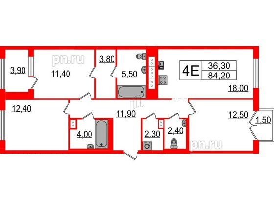 Квартира в ЖК Струны, 3 комнатная, 84.2 м², 5 этаж