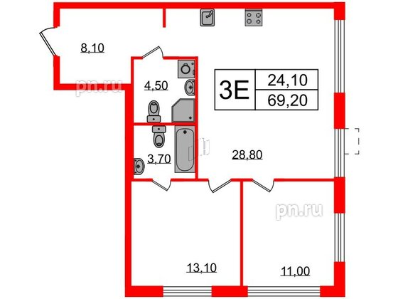 Квартира в ЖК Струны, 2 комнатная, 69.2 м², 2 этаж