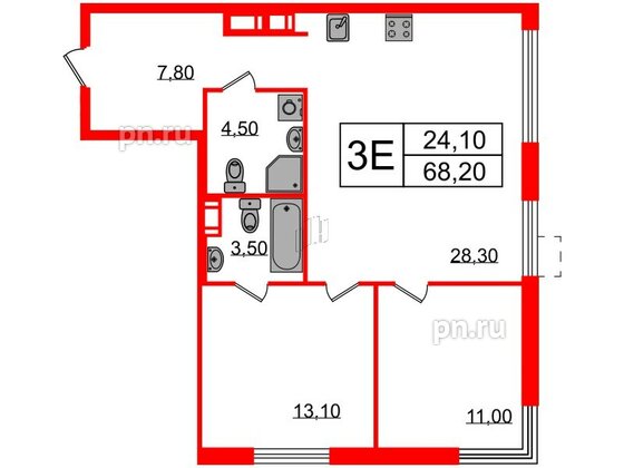 Квартира в ЖК Струны, 2 комнатная, 68.2 м², 4 этаж