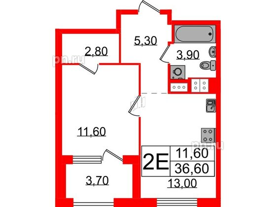 Квартира в ЖК Струны, 1 комнатная, 36.6 м², 17 этаж