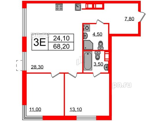 Квартира в ЖК Струны, 2 комнатная, 68.2 м², 6 этаж