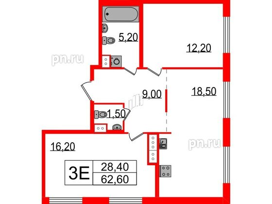 Квартира в ЖК Струны, 2 комнатная, 62.6 м², 4 этаж