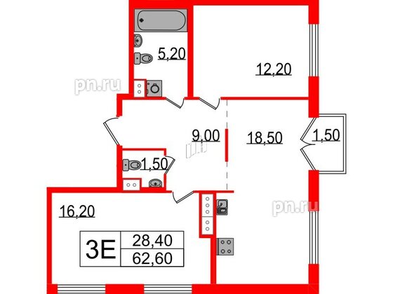 Квартира в ЖК Струны, 2 комнатная, 62.6 м², 9 этаж