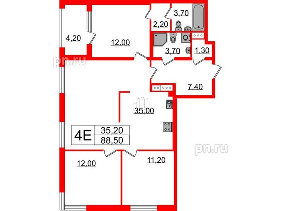 Квартира в ЖК Струны, 3 комнатная, 88.5 м², 5 этаж