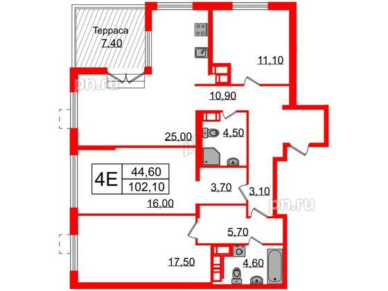 Квартира в ЖК Струны, 3 комнатная, 102.1 м², 22 этаж