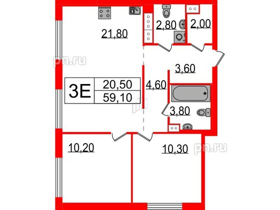 Квартира в ЖК Струны, 2 комнатная, 59.1 м², 14 этаж