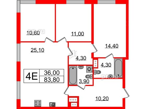 Квартира в ЖК Струны, 3 комнатная, 83.8 м², 10 этаж