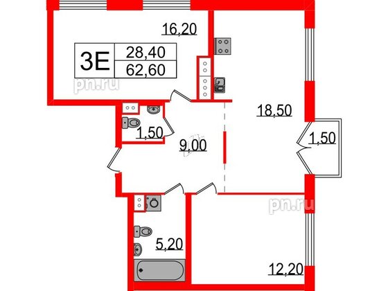 Квартира в ЖК Струны, 2 комнатная, 62.6 м², 9 этаж