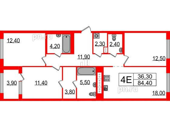 Квартира в ЖК Струны, 3 комнатная, 84.4 м², 3 этаж