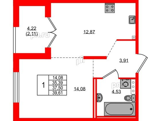 Квартира в ЖК Образцовый квартал, 1 комнатная, 35.39 м², 1 этаж