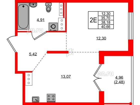 Квартира в ЖК Образцовый квартал, 1 комнатная, 35.7 м², 2 этаж