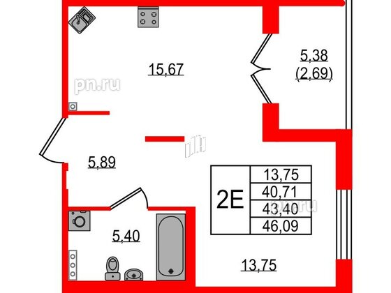 Квартира в ЖК Образцовый квартал, 1 комнатная, 40.71 м², 1 этаж