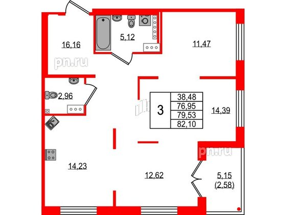 Квартира в ЖК Образцовый квартал, 3 комнатная, 79.95 м², 2 этаж