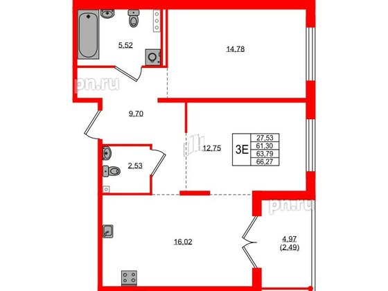 Квартира в ЖК Образцовый квартал, 2 комнатная, 61.3 м², 1 этаж