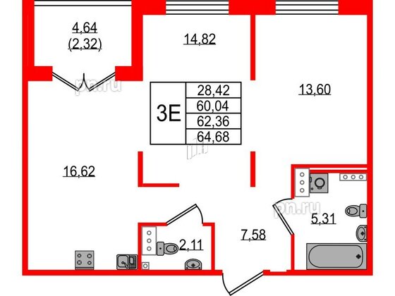 Квартира в ЖК Образцовый квартал, 2 комнатная, 60.04 м², 2 этаж