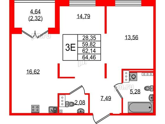 Квартира в ЖК Образцовый квартал, 2 комнатная, 59.82 м², 4 этаж