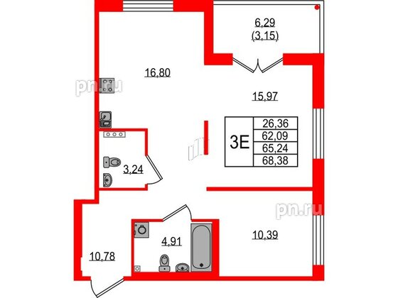 Квартира в ЖК Образцовый квартал, 2 комнатная, 62.09 м², 1 этаж