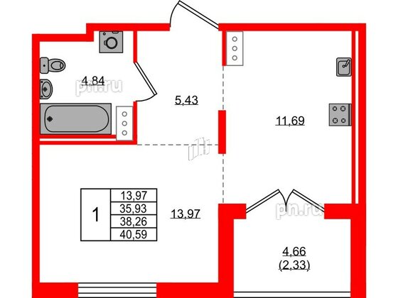 Квартира в ЖК Образцовый квартал, 1 комнатная, 35.93 м², 2 этаж