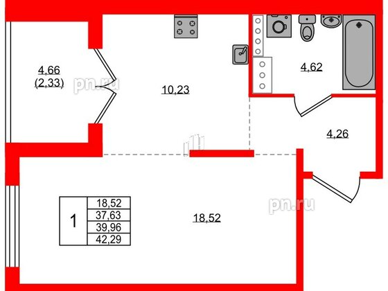 Квартира в ЖК Образцовый квартал, 1 комнатная, 37.63 м², 2 этаж