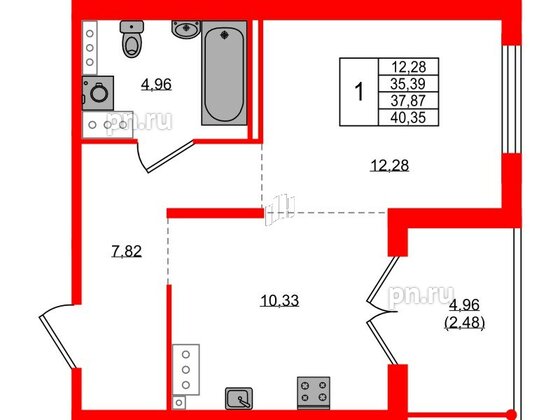 Квартира в ЖК Образцовый квартал, 1 комнатная, 35.39 м², 2 этаж