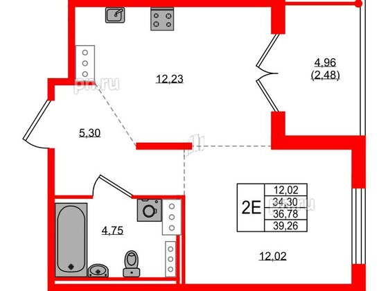 Квартира в ЖК Образцовый квартал, 1 комнатная, 34.3 м², 3 этаж