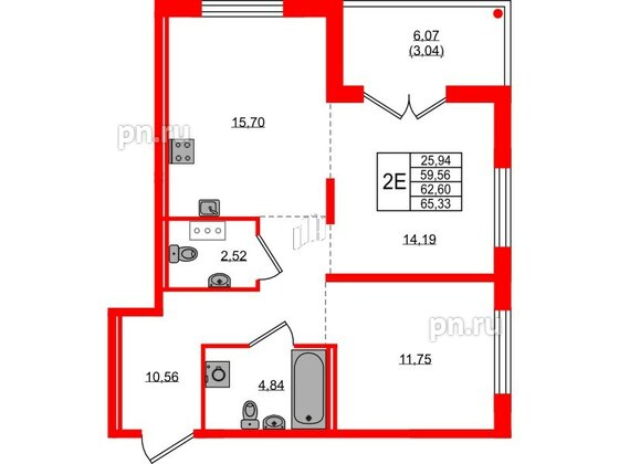 Квартира в ЖК Образцовый квартал, 2 комнатная, 59.56 м², 2 этаж