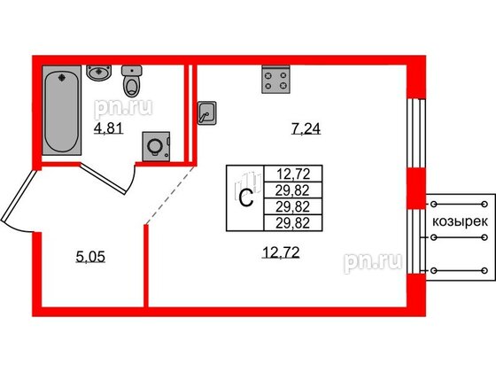 Квартира в ЖК Образцовый квартал, студия, 29.82 м², 2 этаж