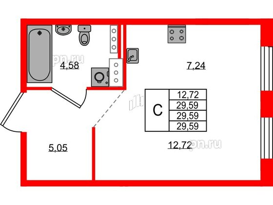 Квартира в ЖК Образцовый квартал, студия, 29.59 м², 3 этаж