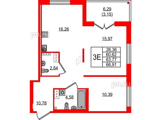 Квартира в ЖК Образцовый квартал, 2 комнатная, 60.62 м², 2 этаж