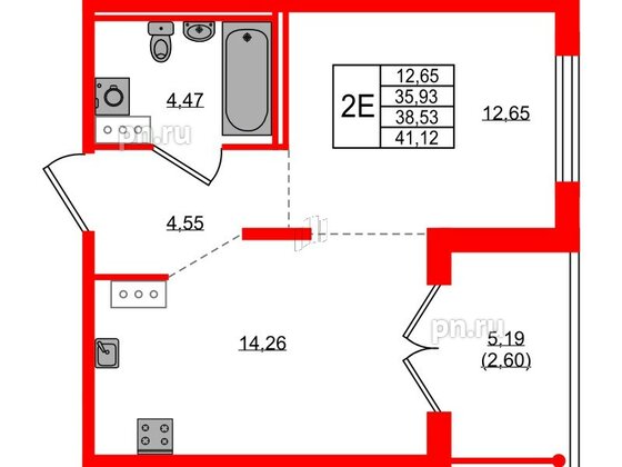 Квартира в ЖК Образцовый квартал, 1 комнатная, 35.93 м², 2 этаж