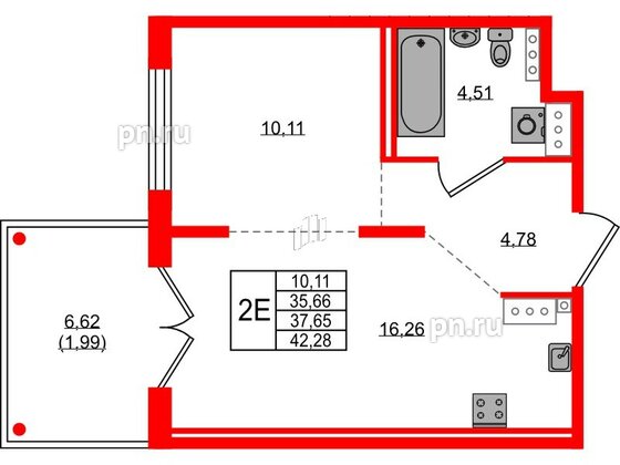 Квартира в ЖК Образцовый квартал, 1 комнатная, 35.66 м², 3 этаж